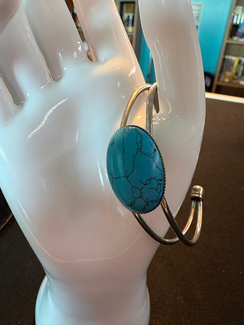 Turquoise Stone Silver Tone Cuff Bracelet - Women Jewelry